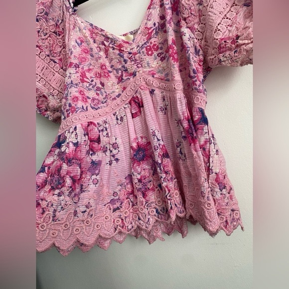 LoveshackfancyPreziaBlouseCottonPuffSleeveTopPinkFloralSmall - Picture 4 of 9